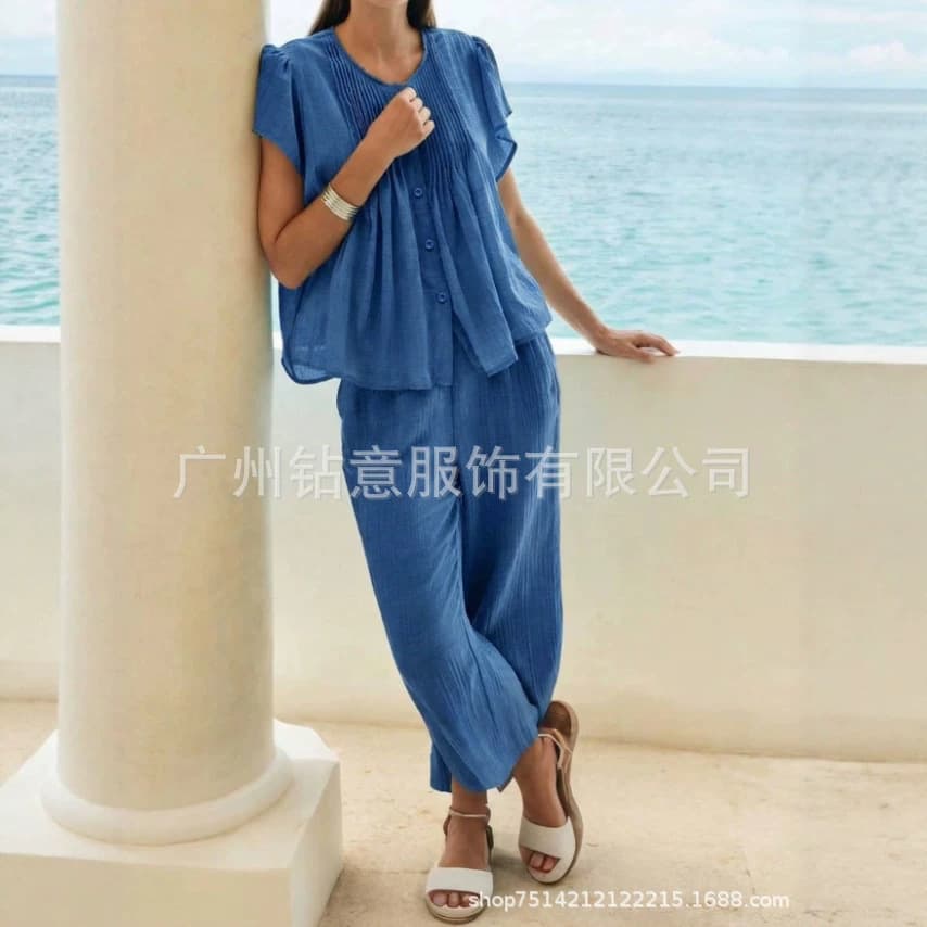 Women's Fashion Casual Vacation Solid Color Round Neck Pleated Single-Breasted Top and Wide-Leg Pants Set for European and American Markets