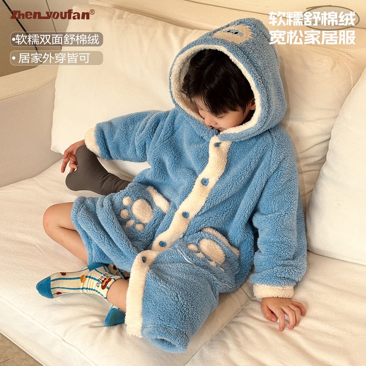 Boys' pajamas 2025 autumn-winter new style, children's fleece-lined homewear, thick winter robe for older kids