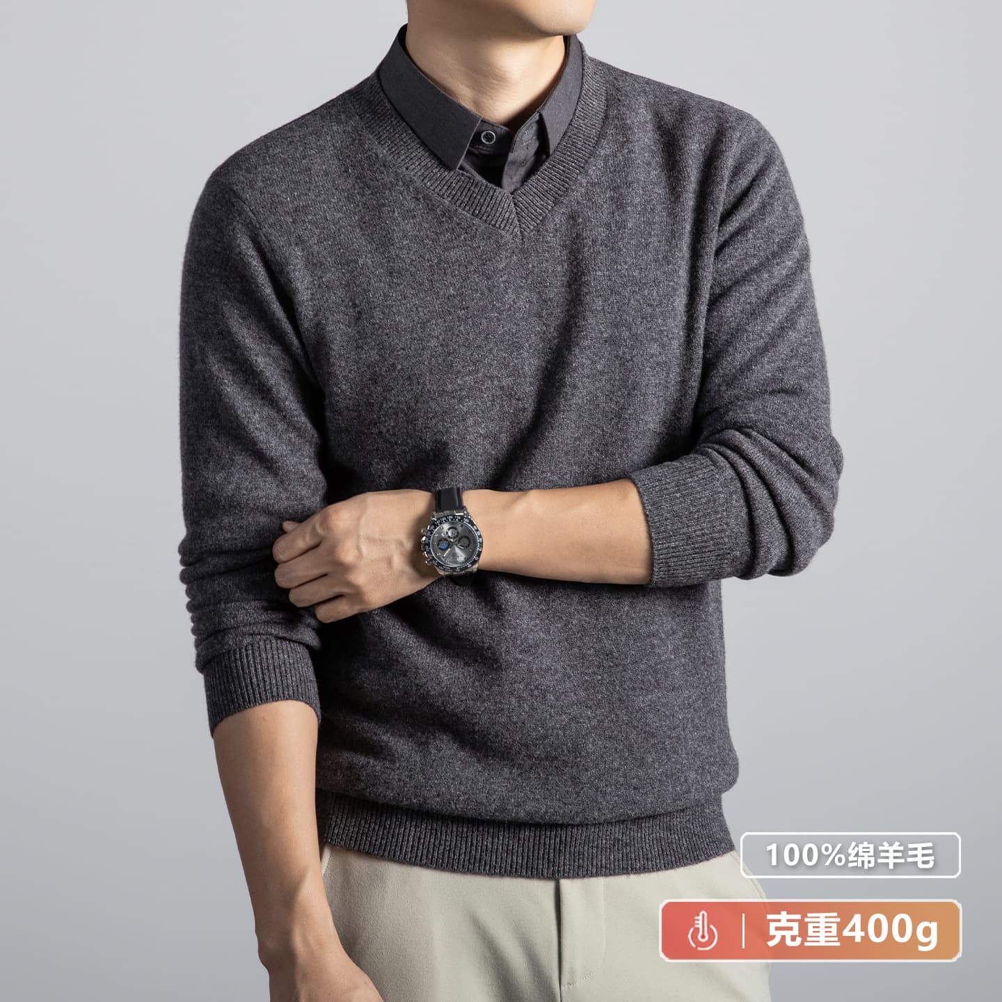 400g Men's Shirt Collar Faux Two-Layer Wool Sweater Autumn Winter Warm Middle-Aged Business Casual Knitwear
