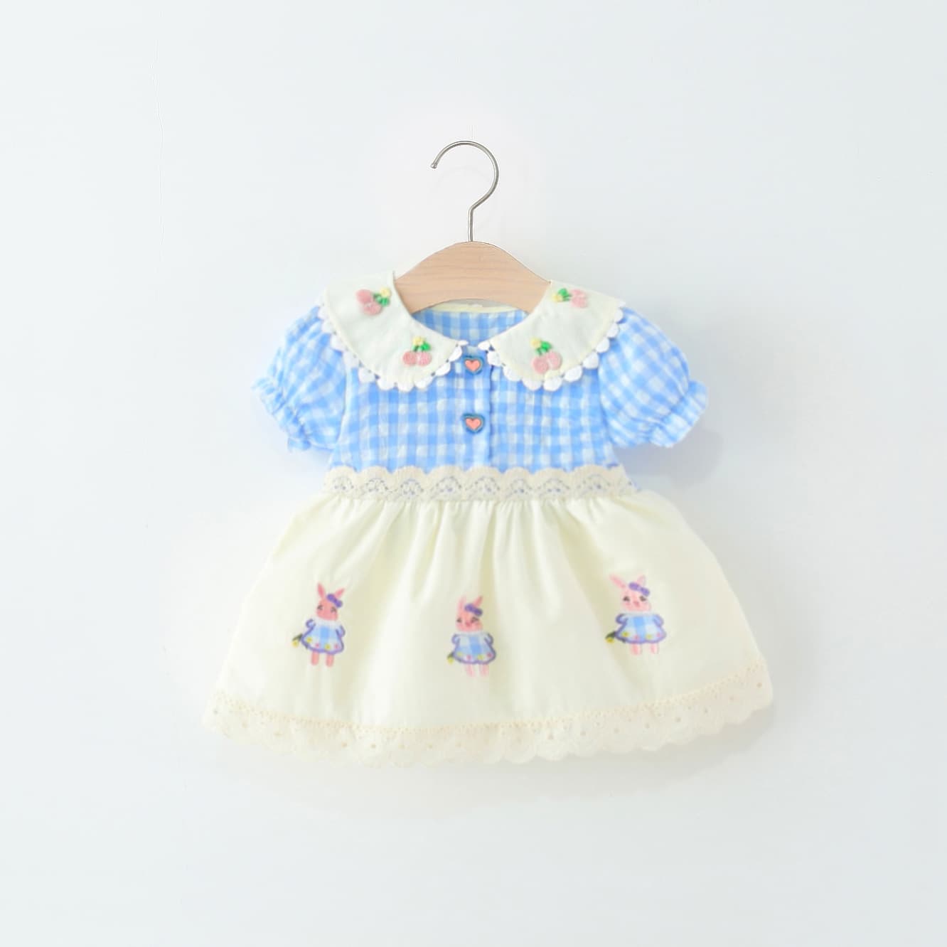 Summer new foreign trade children's clothing wholesale cherry embroidered doll collar photo lace bunny embroidered girl's dress