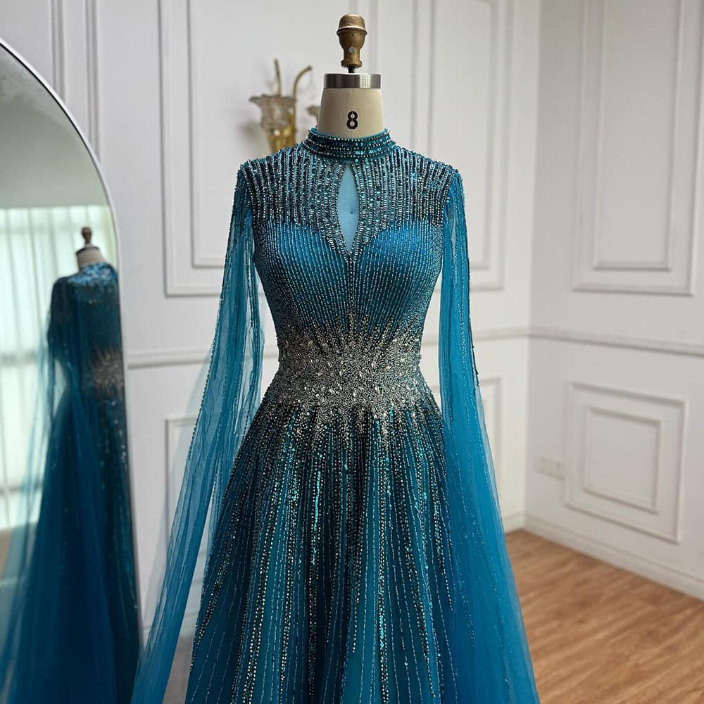 Serene Hill Blue Flutter Sleeve A-Line Dress Elegant Banquet Host Evening Gown LA72936