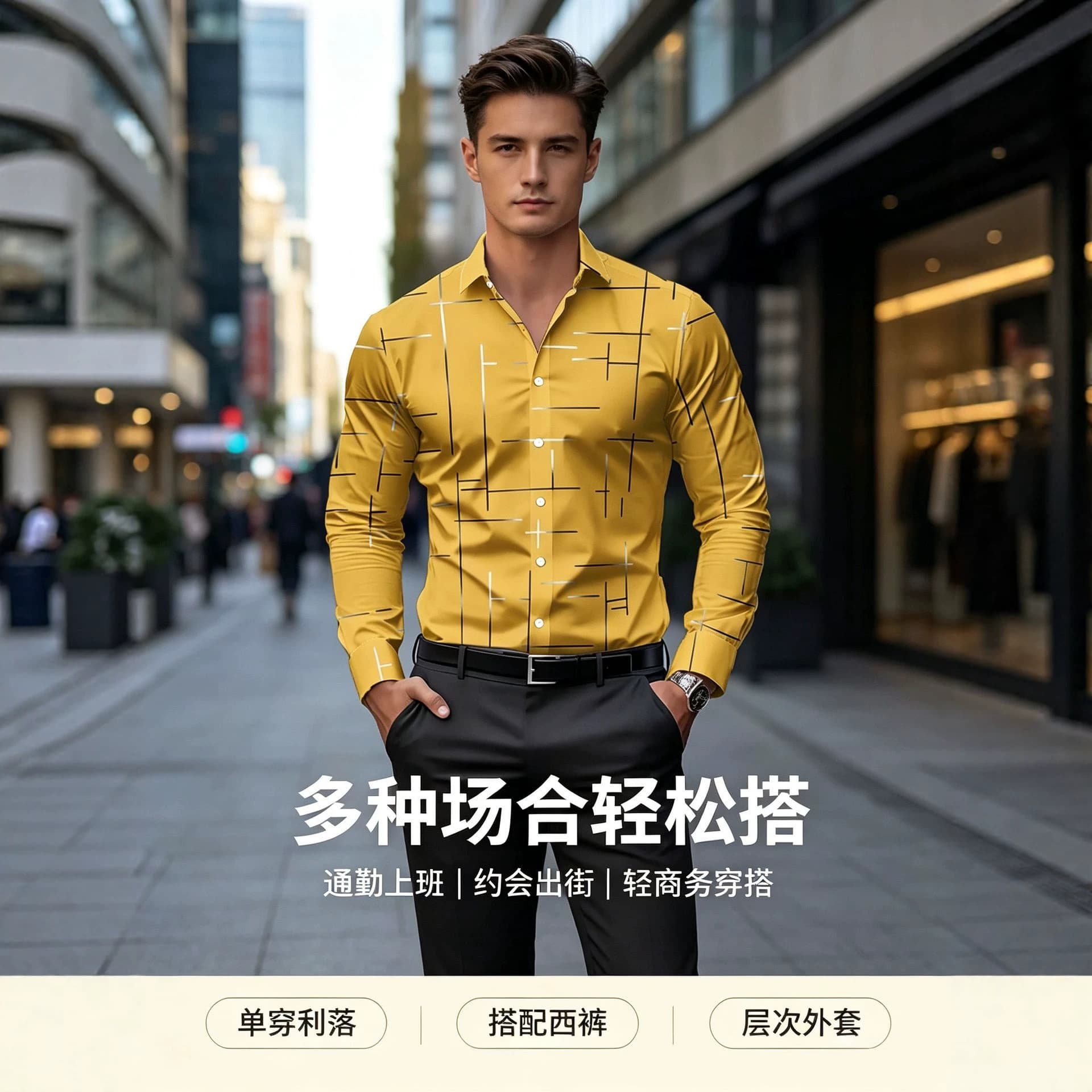 Men's Long Sleeve Shirt Yellow Geometric Line Print Business Slim Fit Wrinkle-Free Casual Commuter Shirt Factory Direct