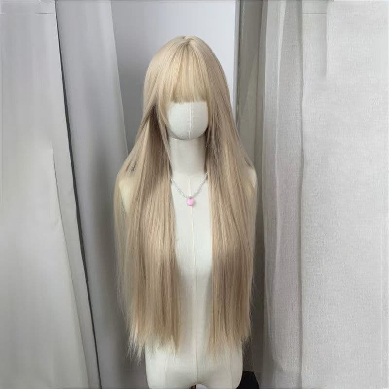85cm Golden Brown Wig with Bangs and Sideburns for Women, Lolita JK Style, Full-Length Full Wig