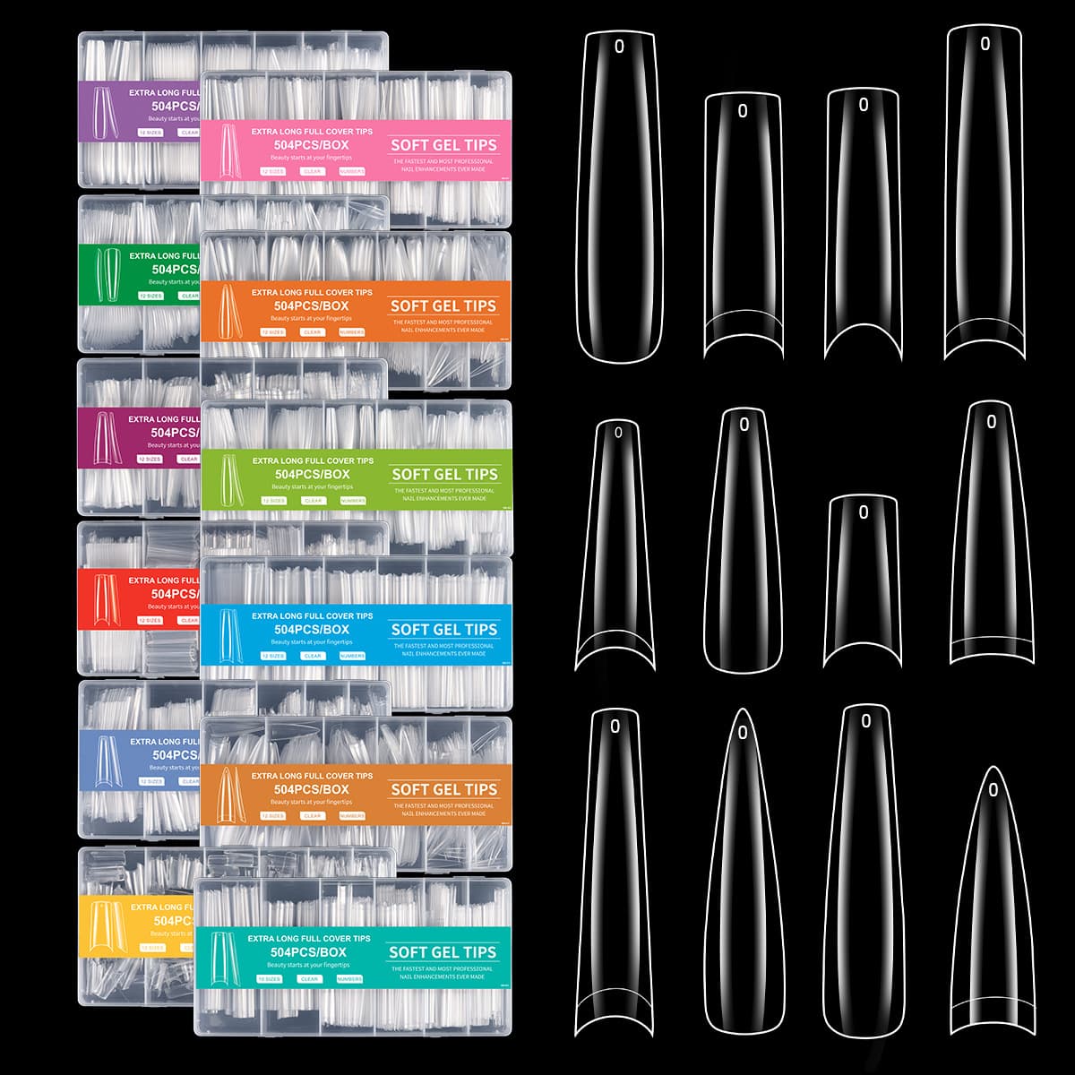 Cross-border hot-selling extra-long water pipe nails, transparent full-length XXXL denim trapezoidal fake nail patches, 504 pieces in box