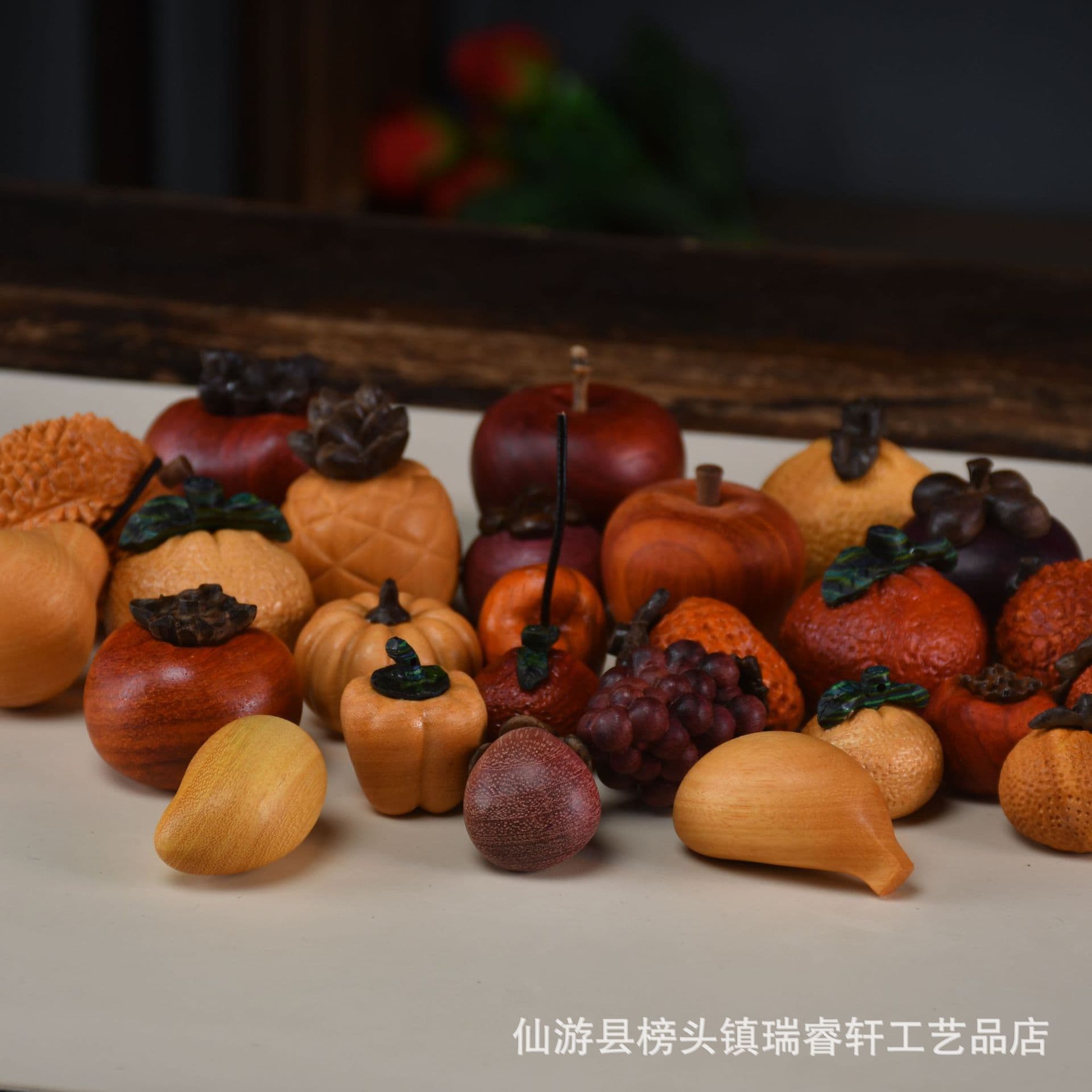 Wholesale large collection of wood carving fruits apple mangosteen persimmon pear pumpkin eggplant diy accessories cute children's gifts