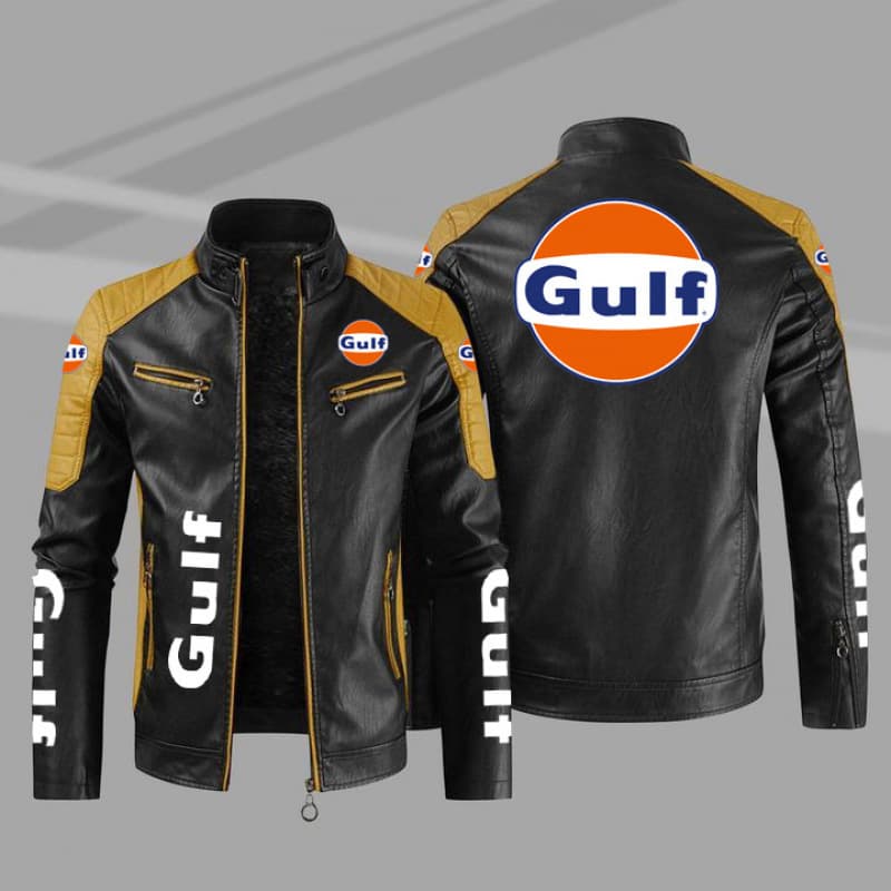 2026 New Cross-Border EU Size Men's Casual PU Leather Jacket GULF No. 66 Highway Series Printed Quilted Leather Coat