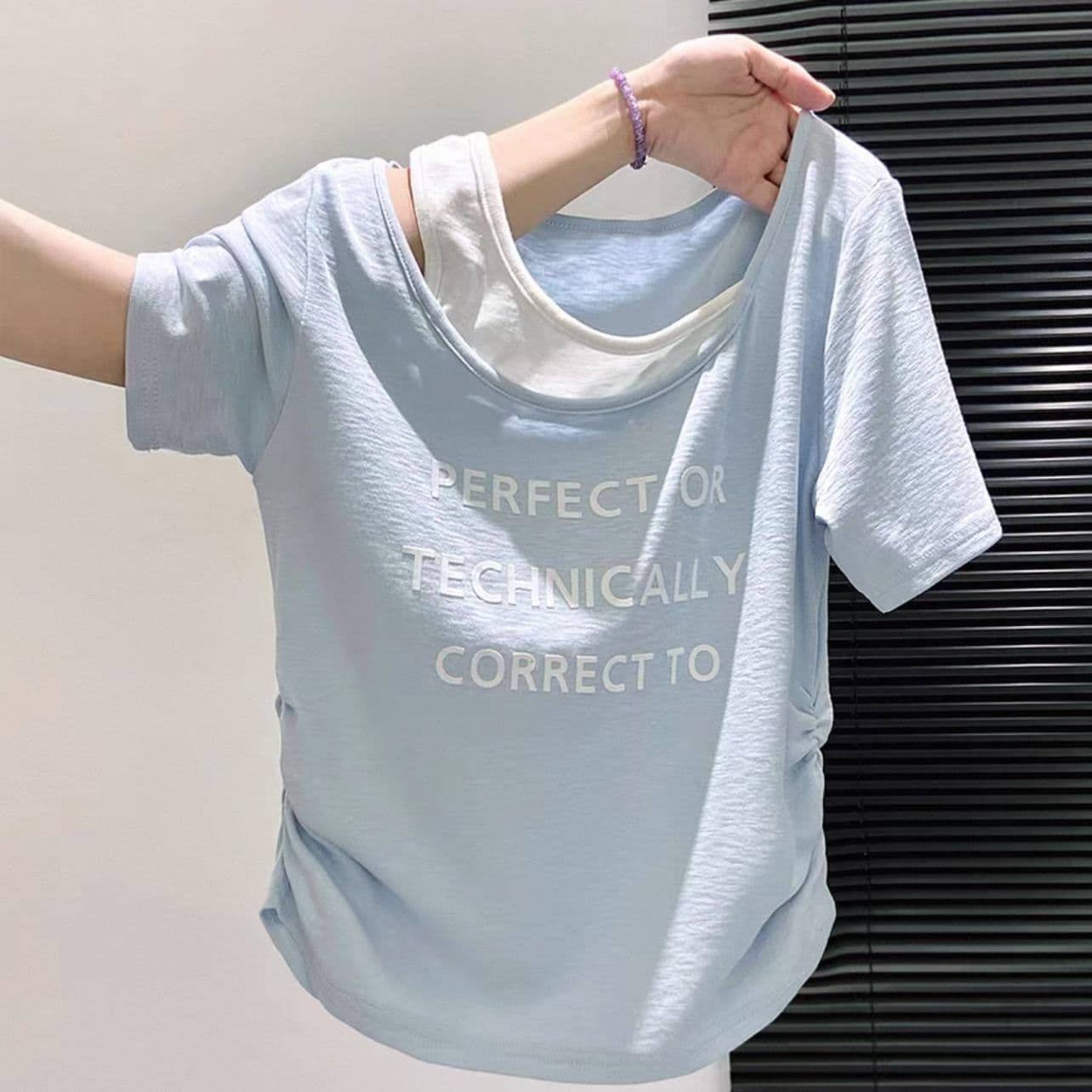 Fake Two-Piece Asymmetrical Shoulder Short-Sleeve T-Shirt for Women, 2026 Summer New Style, Slim Fit, Versatile, Unique Design, Stunning Top