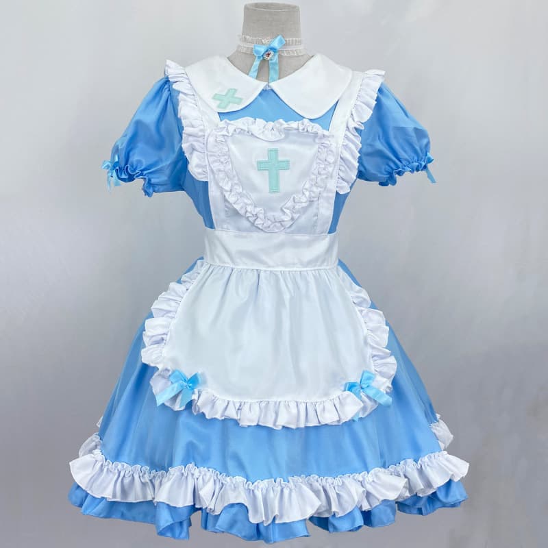 Japanese-style maid cosplay costume, cute maid, cross-dressing Lolita dress, deep blue Lolita dress.