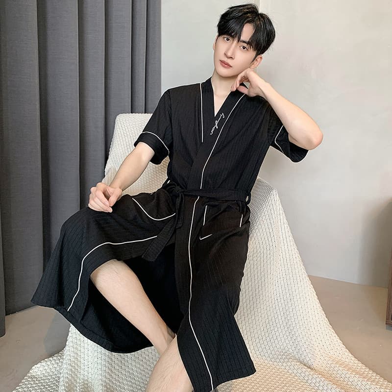 Men's Short-Sleeve Robe Summer Plus Size Loose Bathrobe Morning Robe Tie Waist Sleepwear Thin Mid-Length Kimono Bathrobe