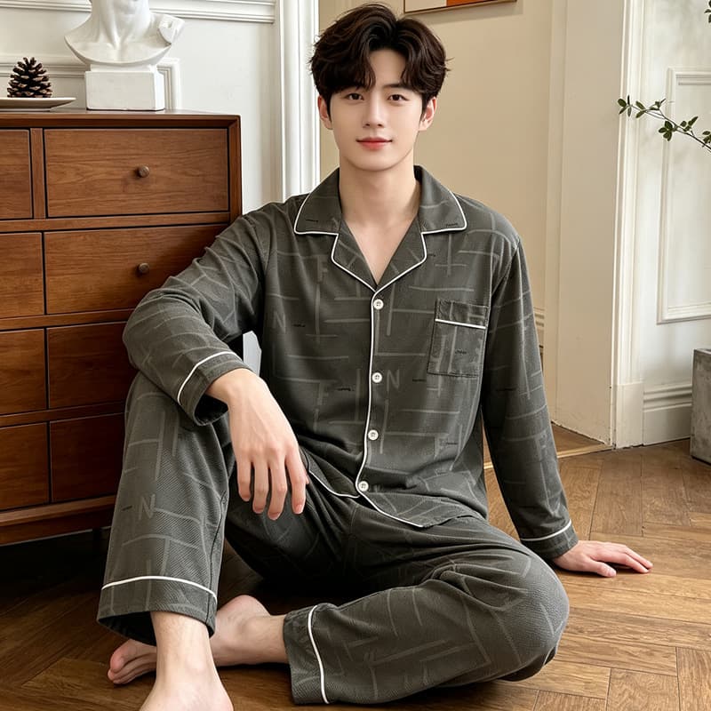 Korean style imitation cotton pajamas for men, spring and autumn new long-sleeved simple high-end letter thin home wear set wholesale