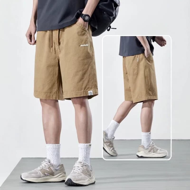 Men's Loose Fit Simple Casual Shorts Thin Style American Versatile Drawstring Straight Leg Cargo Pants with Letter Embroidery