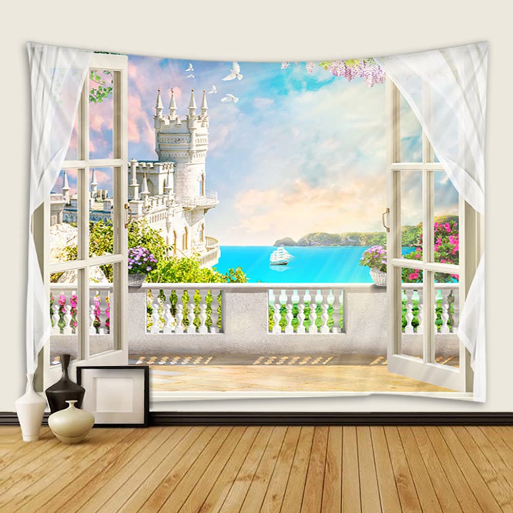 3D sea view window tapestry ocean window woods scenery tapestry wall hanging background hanging cloth bedroom dormitory decoration cloth