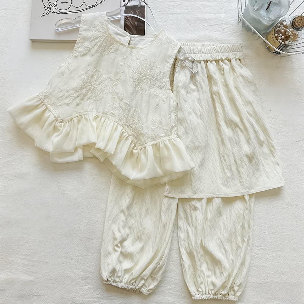 Girls Heavy Embroidery Sleeveless Ruffled Vest Set Summer 2026 Mesh Breathable Mosquito Pants Two Piece Set