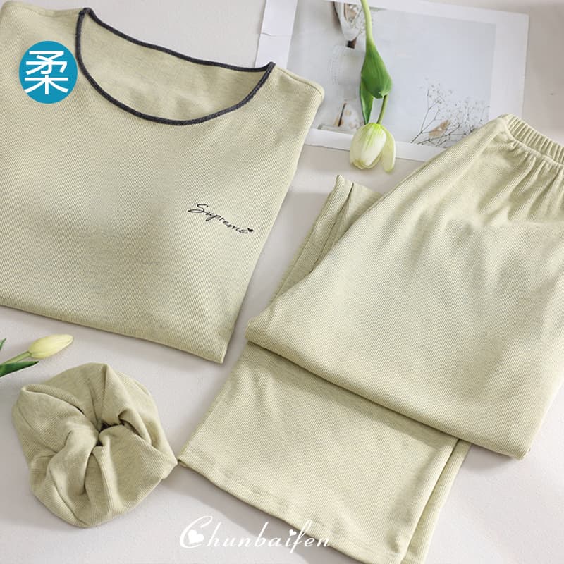 Modal Pajama Set for Women Summer Short Sleeve Long Pants Simple Casual Solid Color Loungewear Ribbed Homewear Set