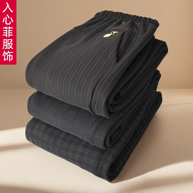 Winter Mom Pants Fleece-Lined Straight Leg Casual Long Pants for Elderly Women