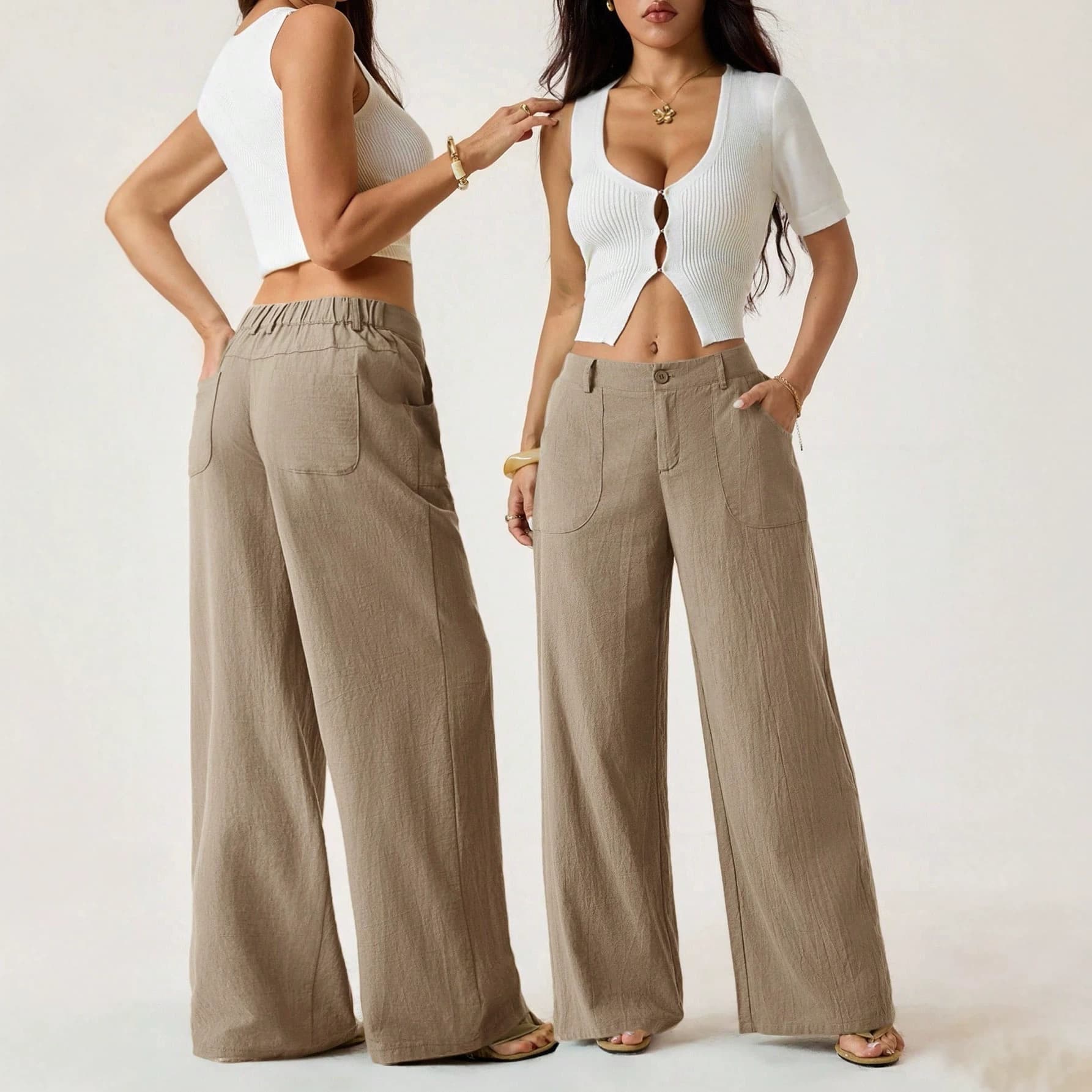 Amazon EU/US Cross-Border New Hot Sale Solid Cotton-Linen Breathable Casual Pocket Button Wide-Leg Pants for Women