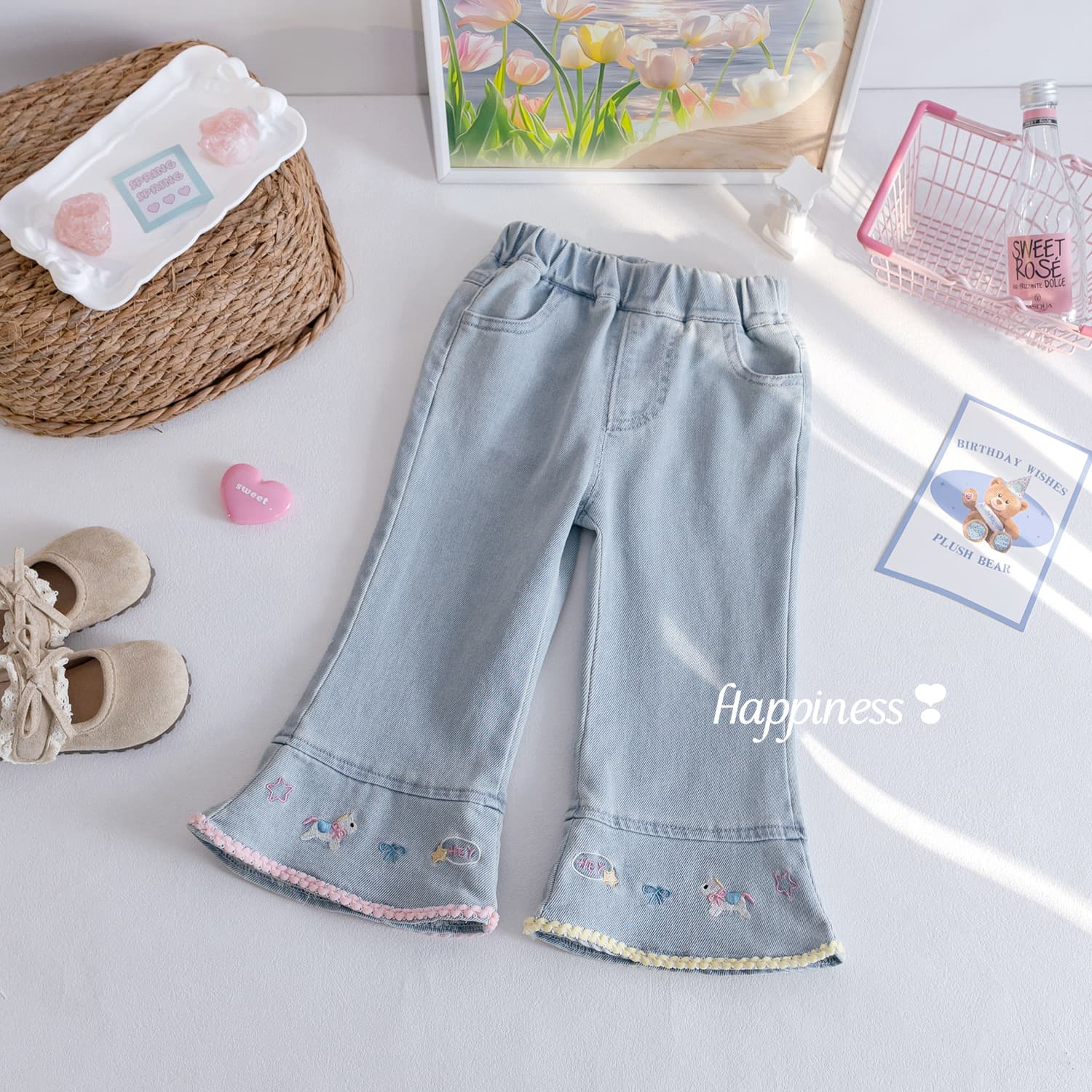 Girls Autumn Jeans Fashionable Lace Cartoon Embroidered Flared Pants 2026 Autumn Fashionable and Versatile Casual Pants