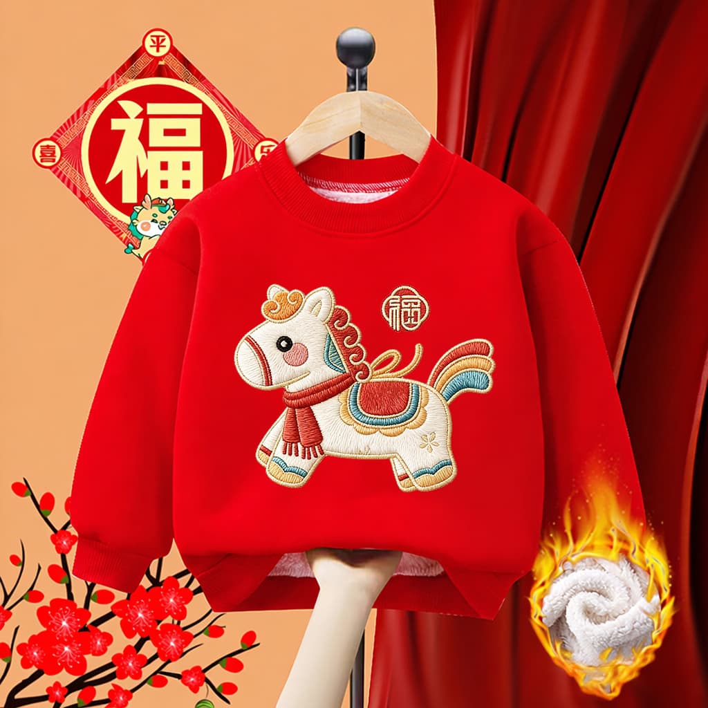 Year of the Horse New Year Outfit - Ten Thousand Horses Galloping on Grass, Fleece-Lined Thickened Sweatshirt, Autumn/Winter, Warm Pullover for Boys and Girls, Round Neck Long Sleeve