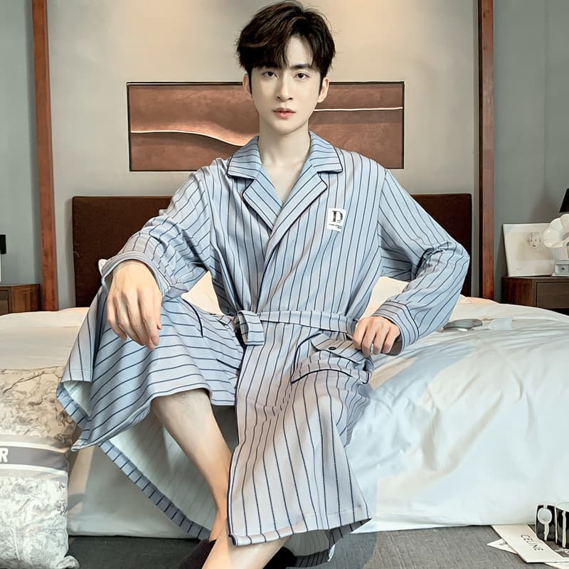 Men's Spring and Autumn Long Sleeve Pure Cotton Antibacterial Homewear Mid-Length Bathrobe Plus Size Morning Gown Autumn Pajamas