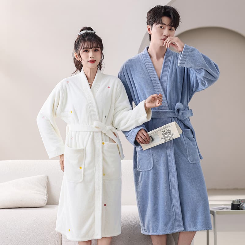 Coral fleece bathrobe, absorbent quick-dry unisex couples sleepwear, autumn/winter new style thickened loose hotel bathrobe long sleeves