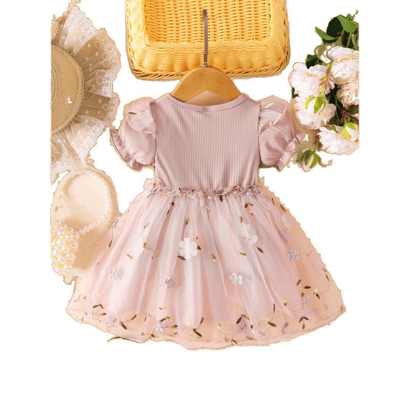 Girls' Pink Slimming Tulle Dress, Kids' Summer Fashion Short-Sleeve Princess Dress, Sweet Baby Girl Style