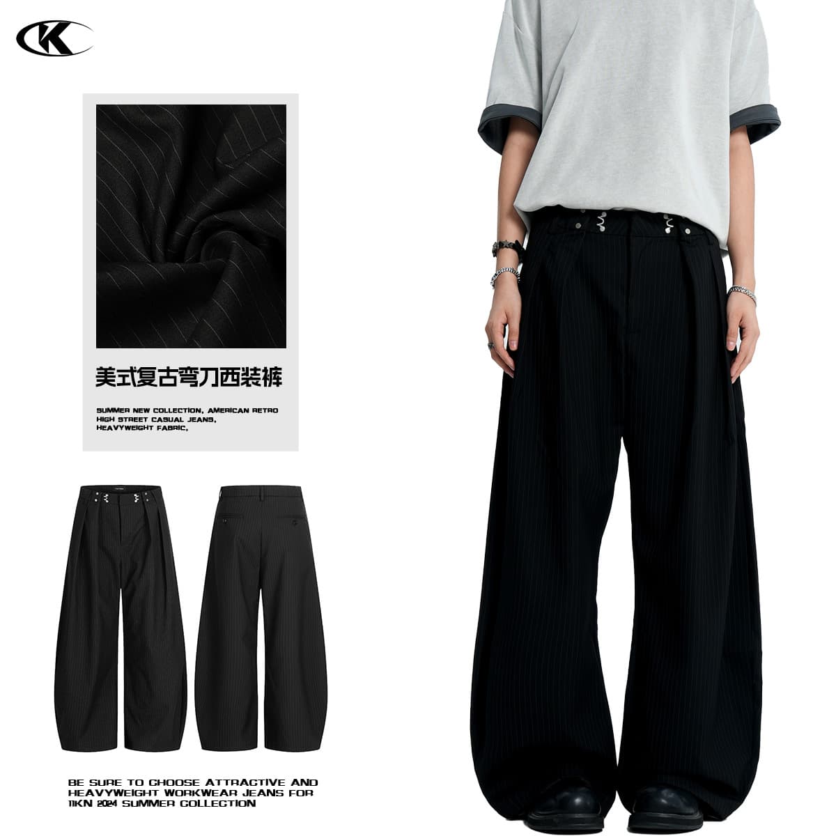 11KN American Black Striped Dress Pants for Men and Women, Curved Cut Old Money Silhouette, Draped Structured Slimming Loose Wide-Leg Long Pants