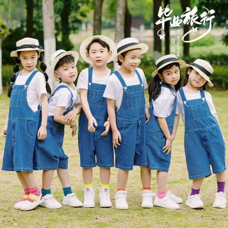 Children's Performance Costume Kindergarten Class Uniform Denim Suspender Shorts Set Summer Boys and Girls Graduation Performance Outfit