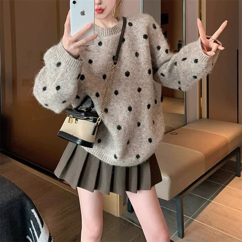 Colorful Polka Dot Pullover Sweater for Women, 2025 New Autumn and Winter Thickened Loose Casual Lazy Style Inner Knitwear