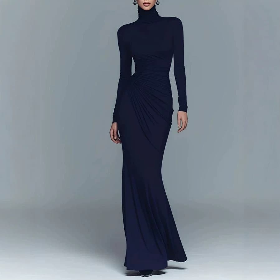 2026 Amazon AliExpress New Fall/Winter Slim Fit Solid Color High Neck Long Sleeve Sexy Waist-Cinching Pleated Dress Long Skirt