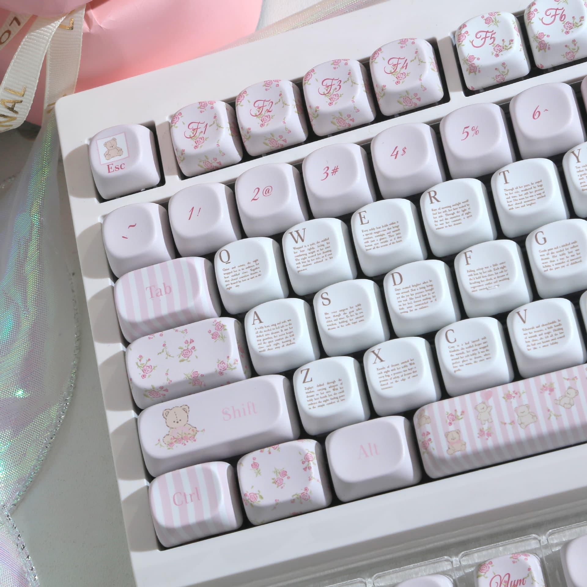 Bear Flower Bouquet moa Height Keycaps Cute Floral Pattern PBT Dye-Sublimated 6.25u