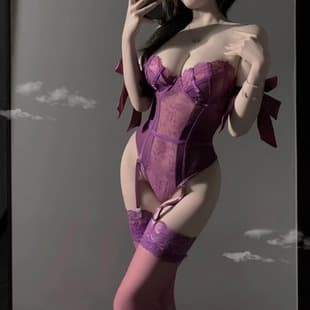 Taoxitang* French Sexy Lingerie Waist Shaping Bodysuit Lace Open Back With Hidden Buttons Purple Charm Special SKU