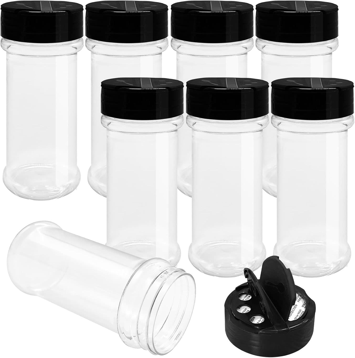 Pack of 8 plastic round spice bottles with black spice jar lids reusable spice jars clear plastic