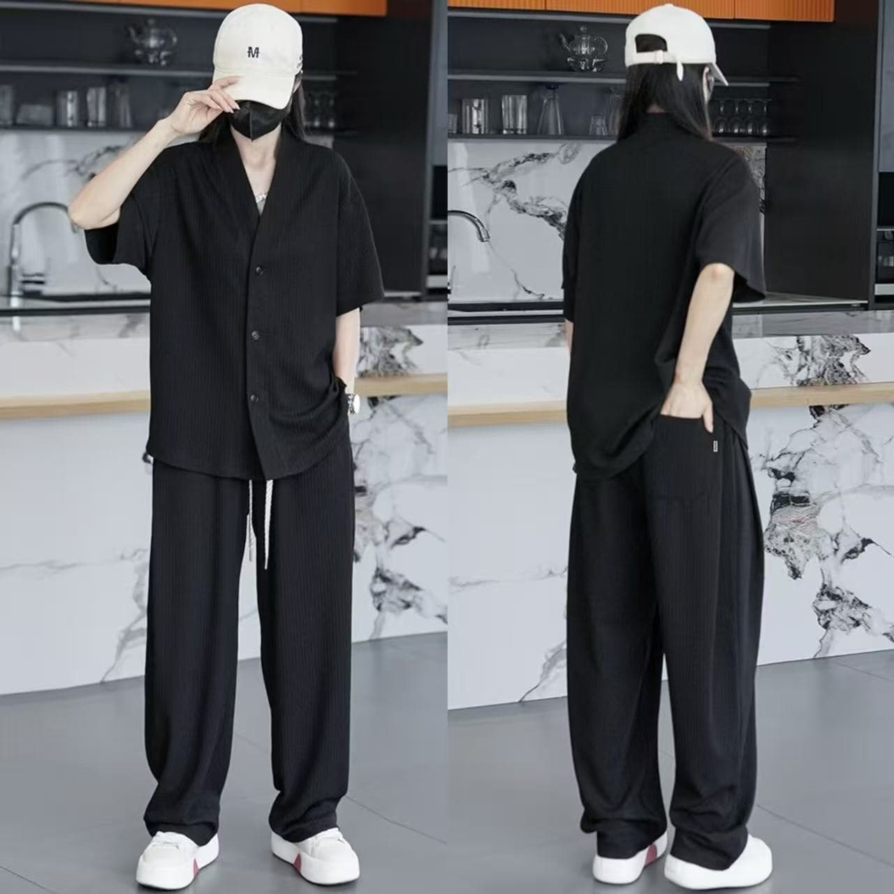 New Chinese-Style Men's Large Size Short-Sleeve Shirt and Long Pants Two-Piece Set, Loose High-End Solid Color Simple Casual Outfit Trendy