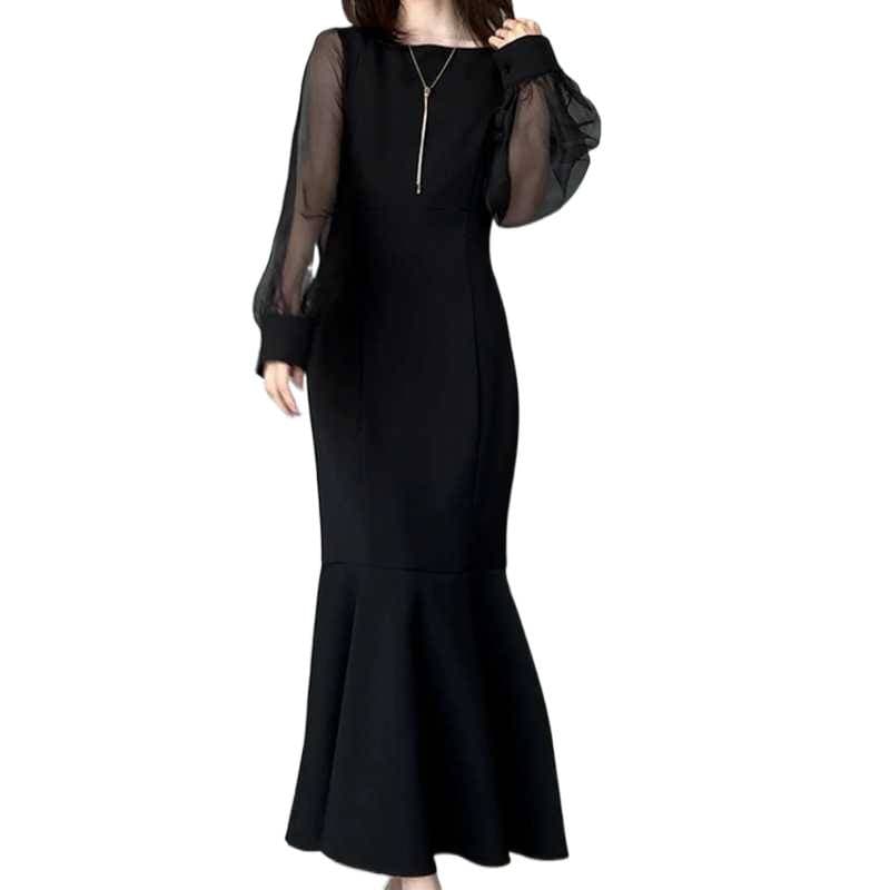 European export, Korean and Japanese market, long-sleeve dress for spring, autumn, and winter, patchwork midi dress, fishtail skirt