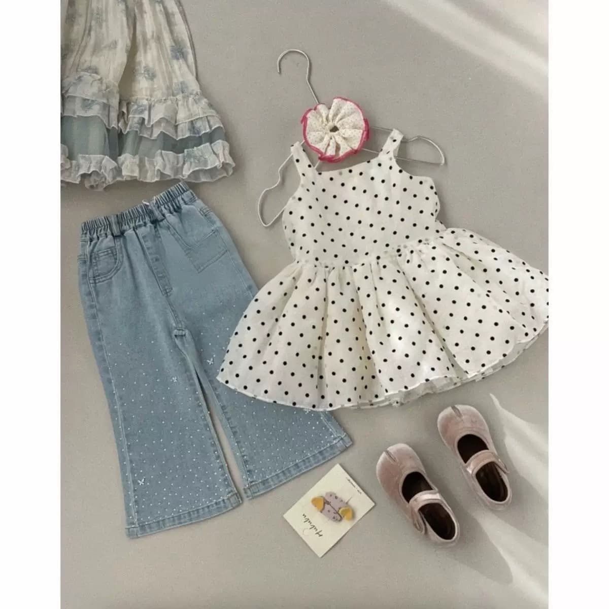 Girls' sweet polka dot dress summer style 26 new summer style girls' vest doll sweater hot diamond jeans two pieces
