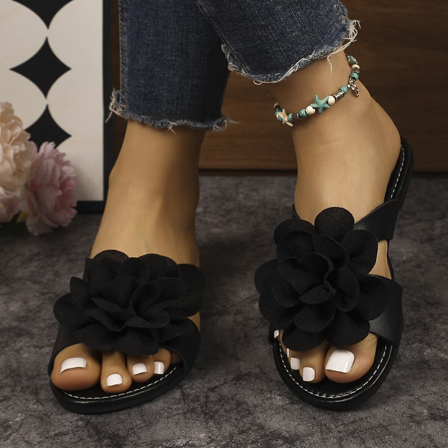 Women's Elegant Floral Square-Toe Sandals with Unique 3D Flower Design, Flat Slip-On Style for Casual and Semi-Formal Occasions