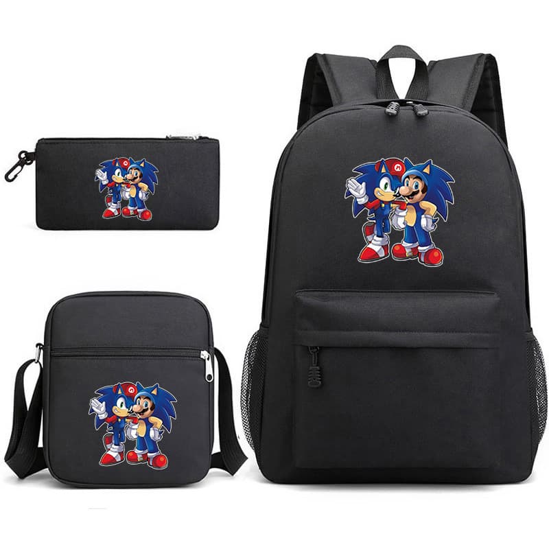 Sonic Mario Double Shoulder Backpack Student Schoolbag Cartoon Backpack Shoulder Bag Pencil Case 3-Piece Set