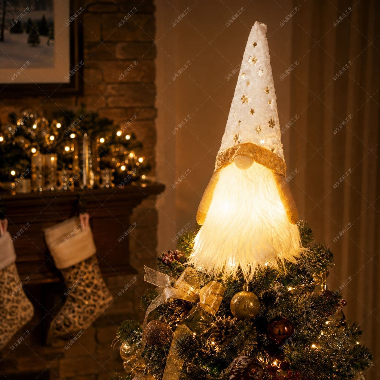 LED Faceless Gnome Christmas Tree Topper Star White Ornament