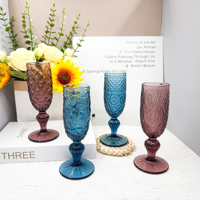 Cross-Border Wholesale Thickened Glass Champagne Glasses Colored Wine Glasses Sweet Wine Glasses Wedding Embossed Stemware Wine Glasses
