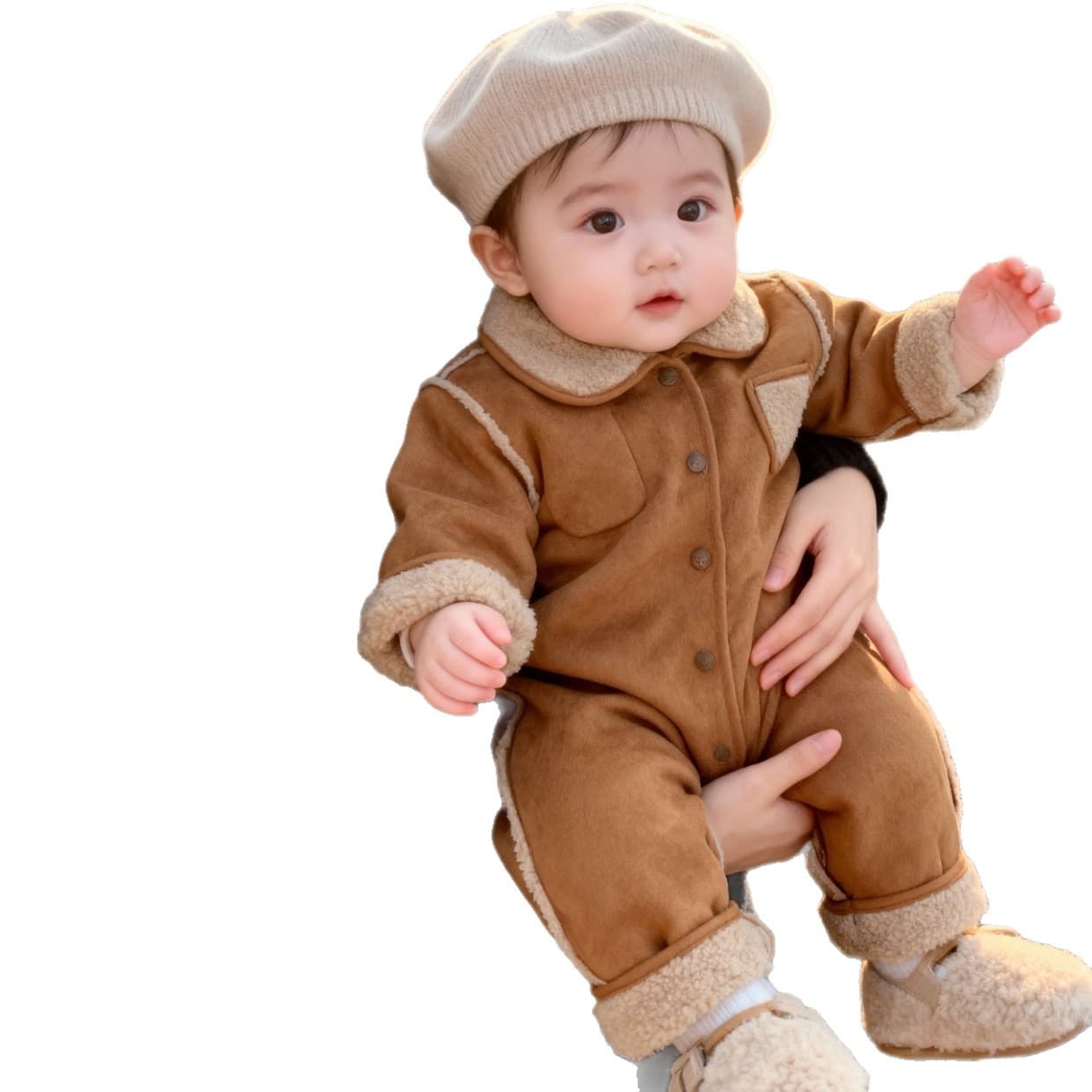 0-2 Years Korean Style Loose Trendy Baby Romper Coat, Infant Suede Reversible Outdoor Wear Crawling Suit