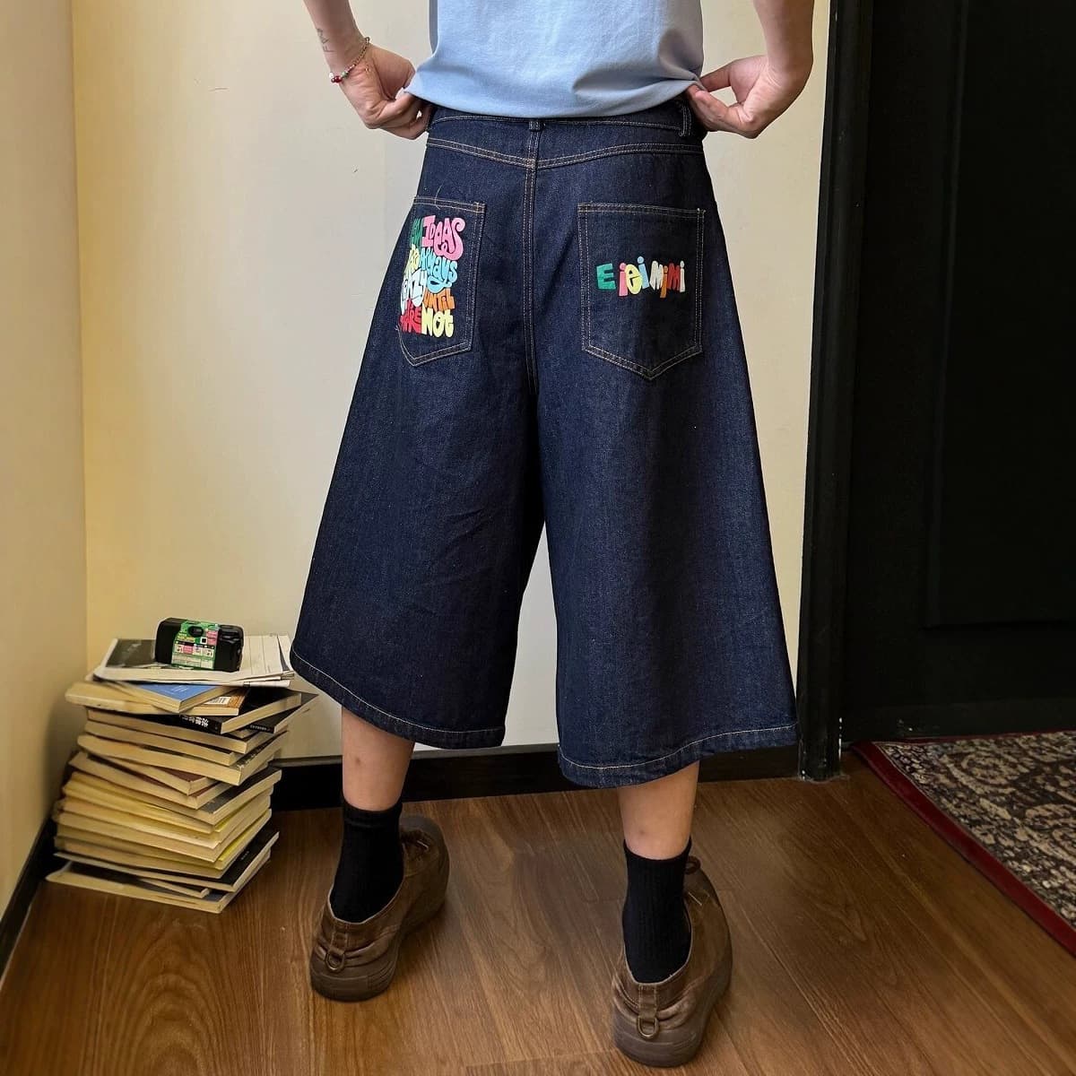 American retro letter printed washed denim cropped pants for men and women summer loose straight wide leg denim shorts trendy