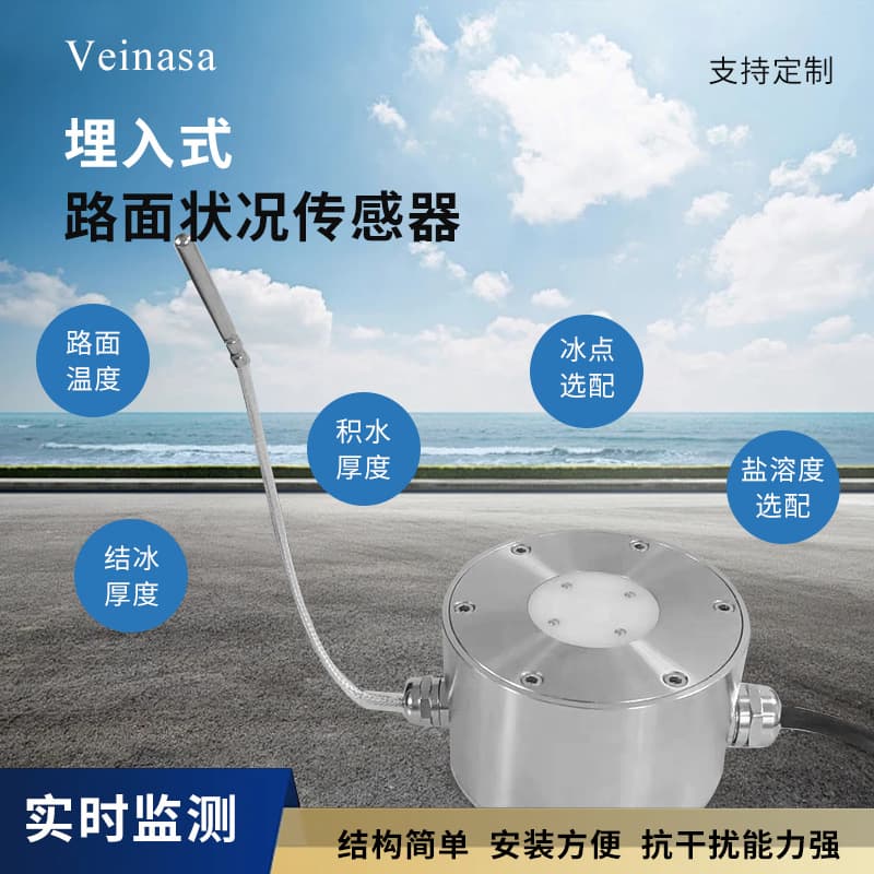 Embedded Road Condition Sensors for monitoring ice thickness, road surface temperature, water accumulation depth, and salt concentration.