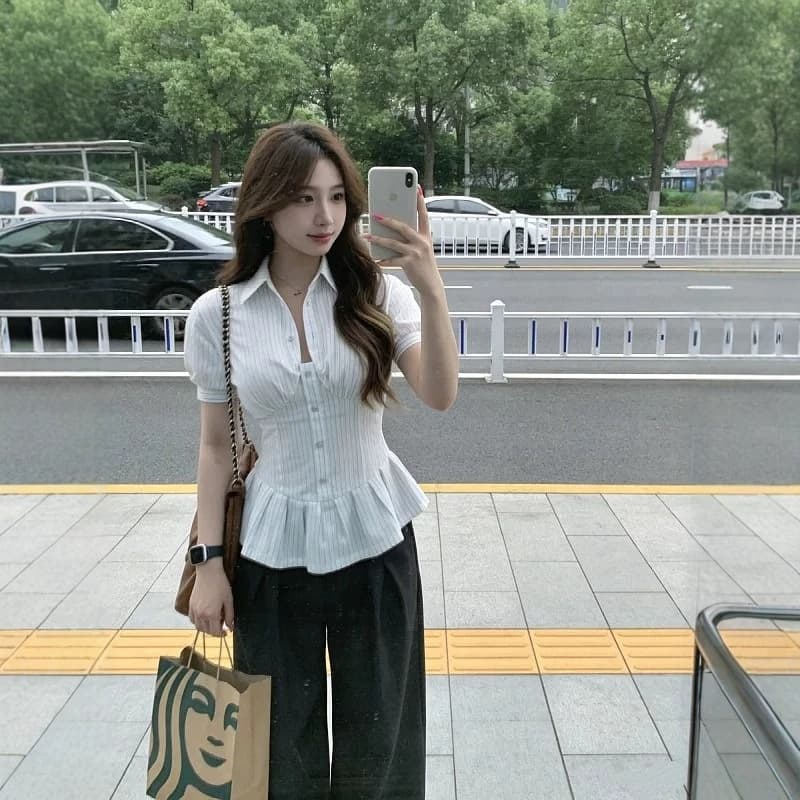 Women's White Striped Polo Collar Short-Sleeve Shirt, Summer Ruffle Tie Waist Fitted Blouse with Design Detail