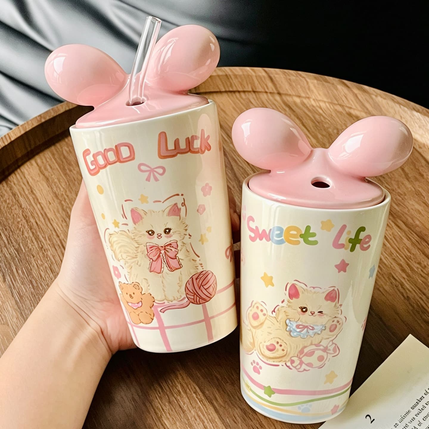 Pink girly heart mug with lid, cute cartoon kitten, ceramic home water cup, gift for besties, souvenir