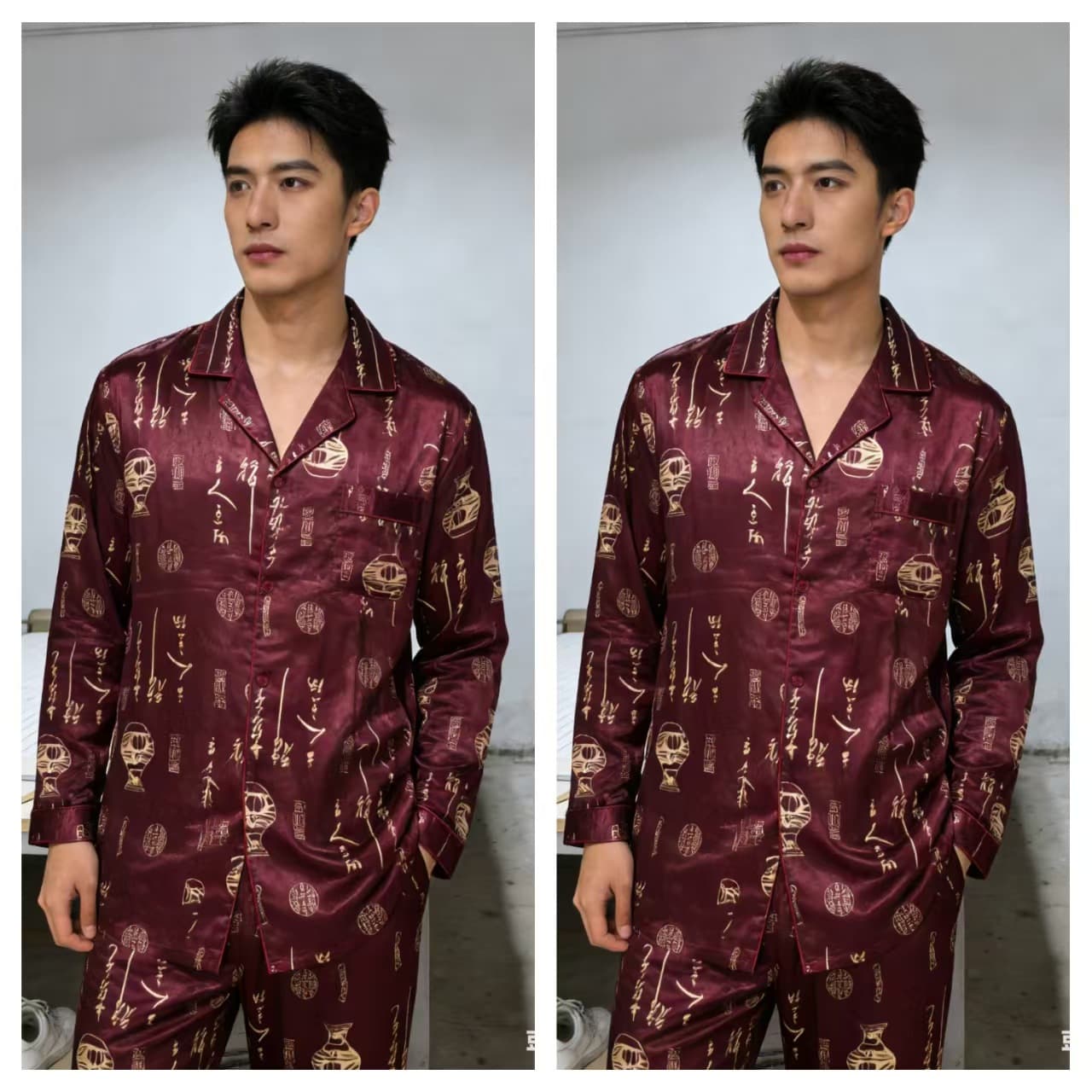 Clearance Spring and Autumn Silk Men's Pajamas Long Sleeve Long Pants Printed Homewear