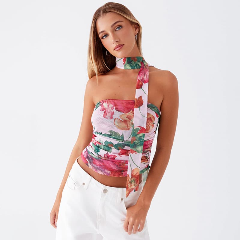 Q25TP082 European and American Women's New Fashion Mesh Print One-Shoulder Off-Shoulder Top with Scarf Two-Piece Set