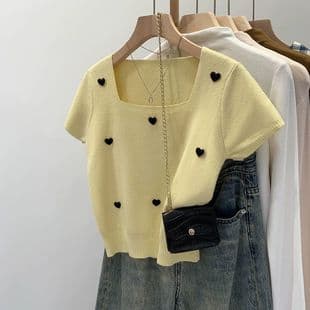 3D Heart Design Square Neck Short-sleeve Knit Top for Women, Unique Gentle Lazy Style Pretty Short Top