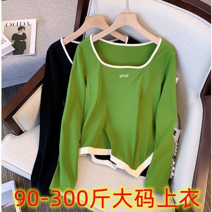 Plus-size women's spring and autumn new irregular long-sleeved shirt, green top to cover the belly and slim the figure.