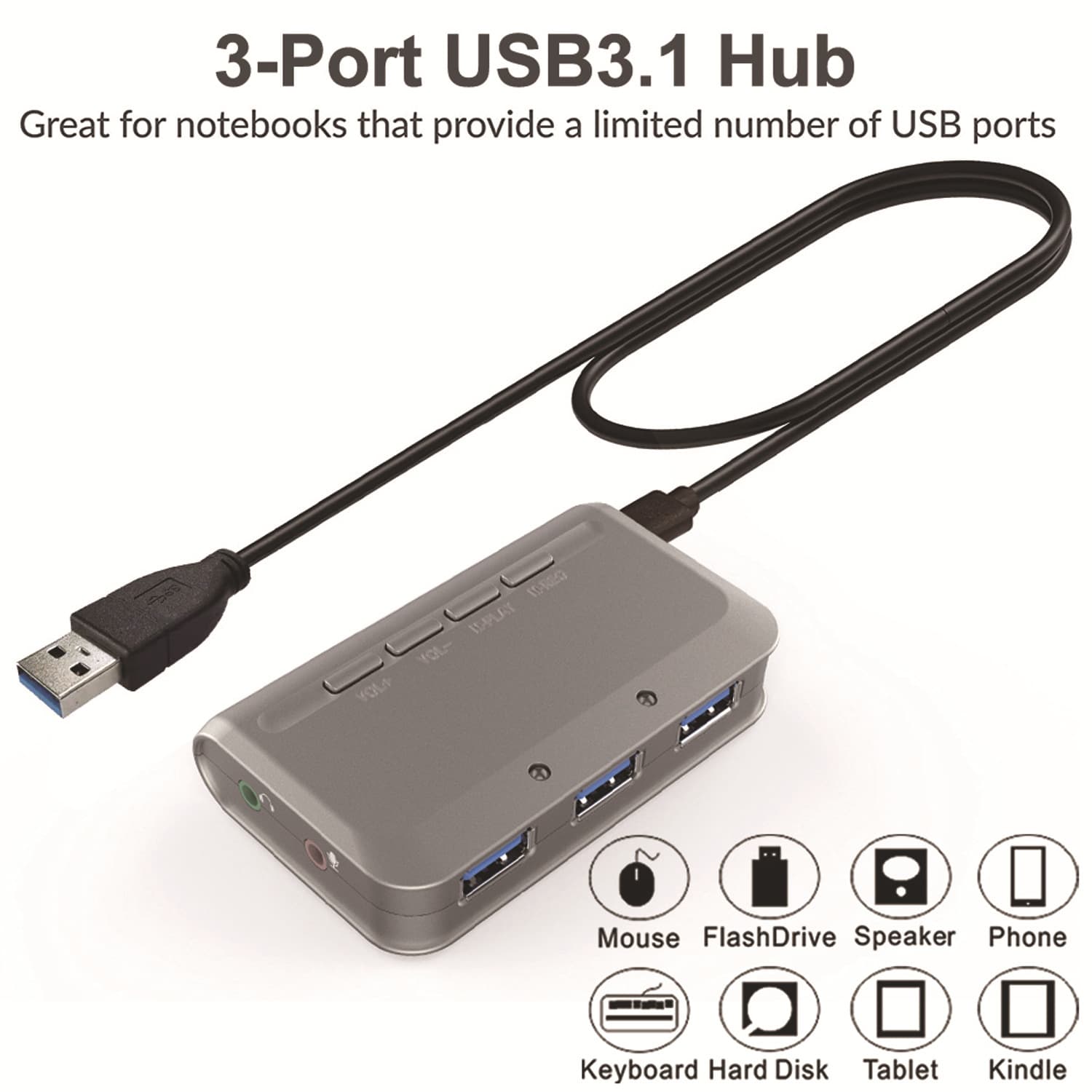PS5 PS4 PC USB 3.1 Hub 3-Port Adapter with Sound Card and Headphone Jack High-Speed Expansion Dock for Cross-Border