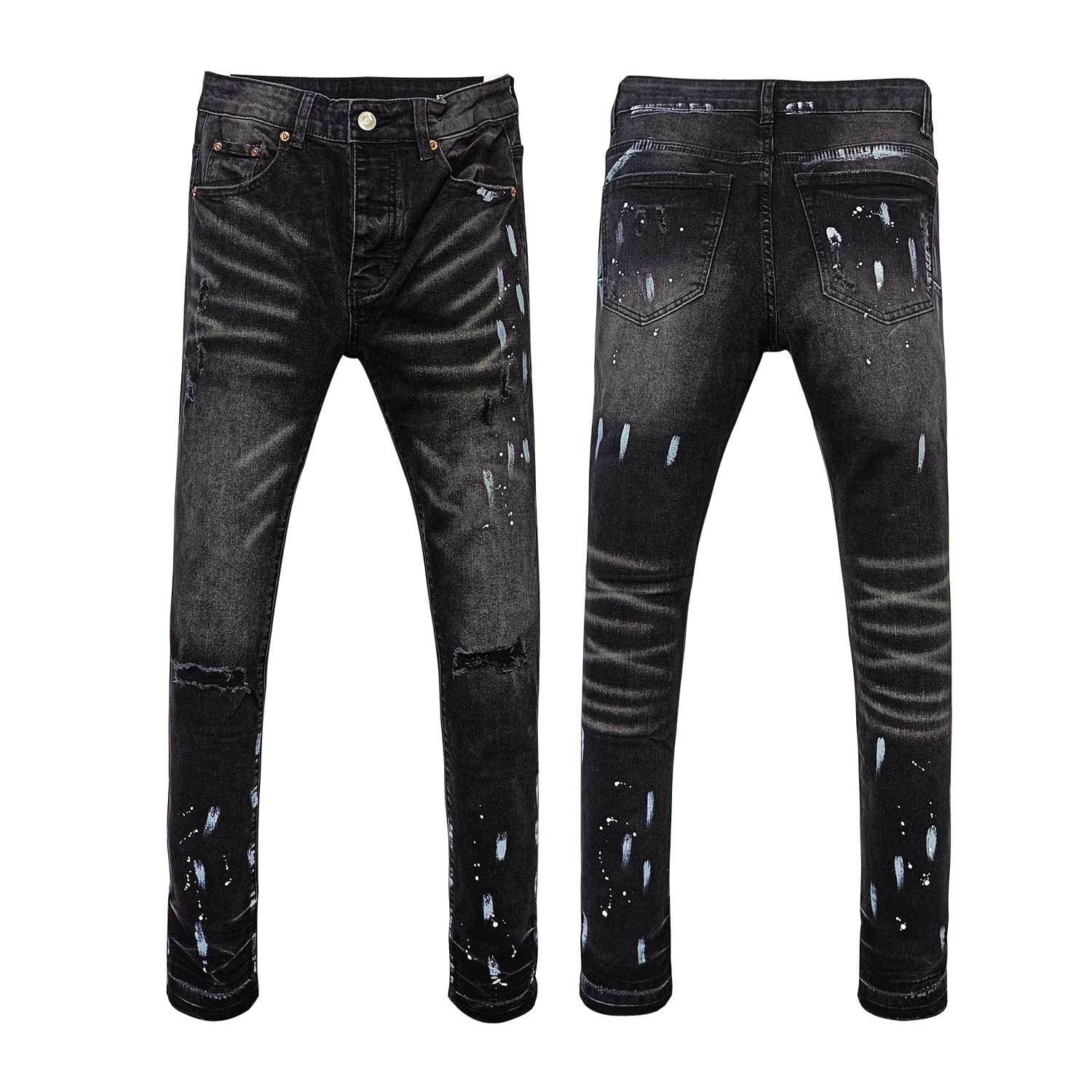 Wholesale trendy brand Zhongshan jeans foreign trade cross-border PU splash ink high-end straight slim ripped jeans for men